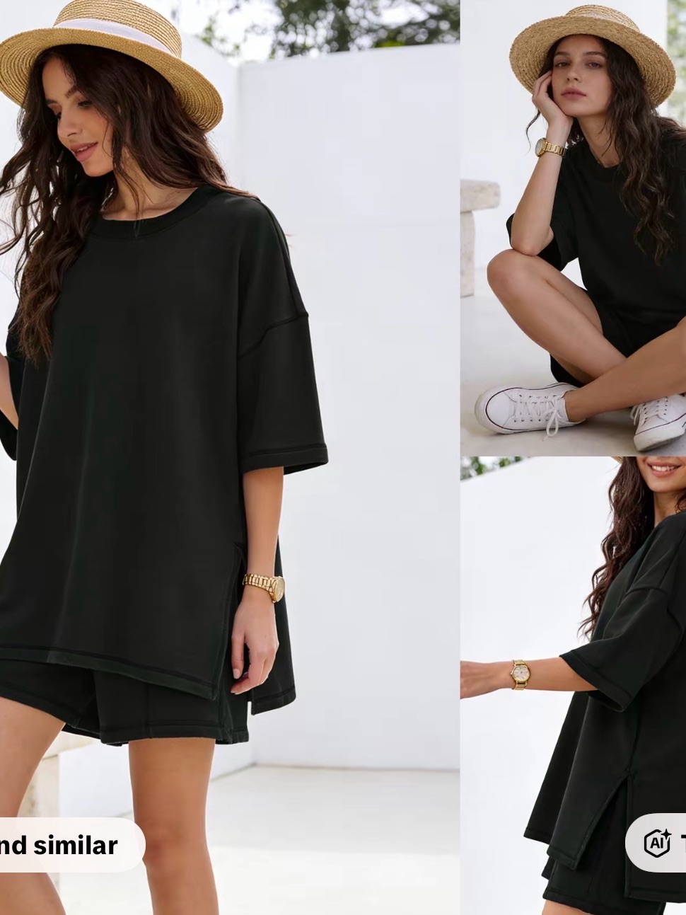 Uaneo Women's 2 Piece Lounge Sets Oversized Black Tee Lounge Set